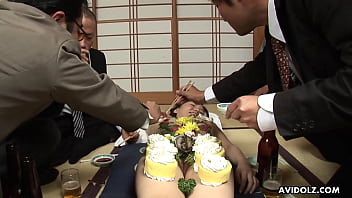 Brunette Japanese beauty Asuka Ayanami is a food table in this uncensored video