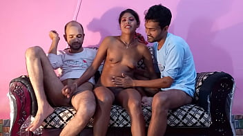 Big-titted girlfriend enjoys first time fuck with two boyfriends in amateur threesome porn