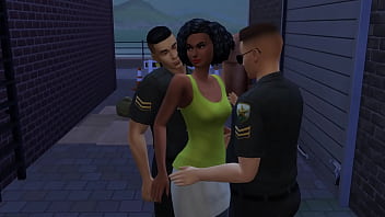 Busty ebony barmaid takes on two cops at the back alley